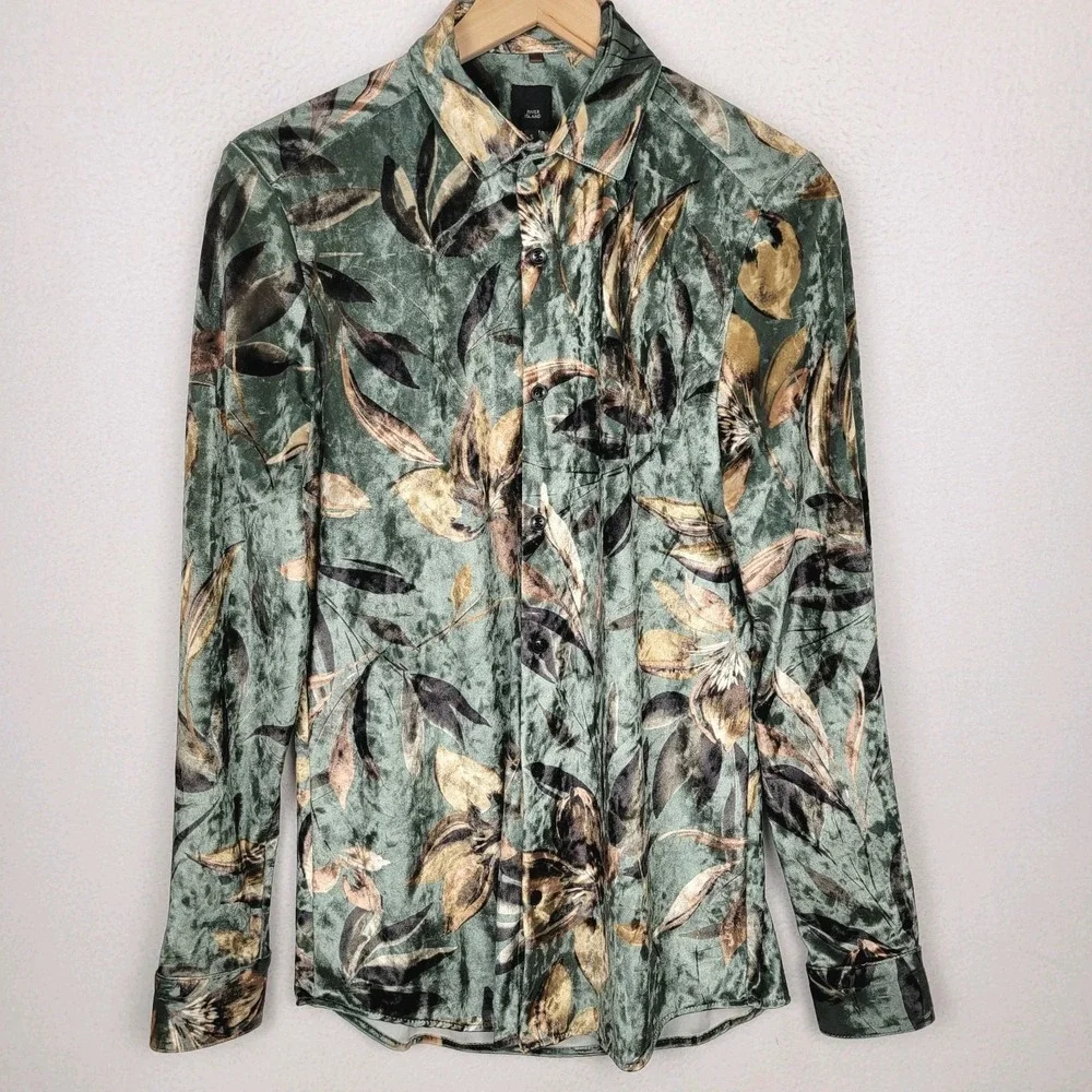 River Island‎ Luxe Velvet Button Down Shirt Men's S Green Floral Slim Stretch